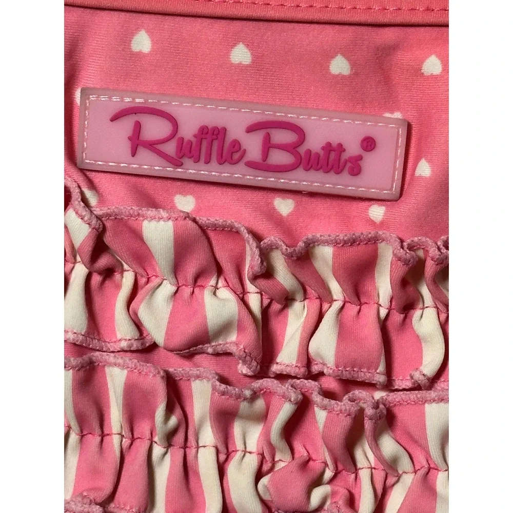 RuffleButts Girls Pink Striped One Shoulder Ruffle Bikini Heart Swimsuit Size 7